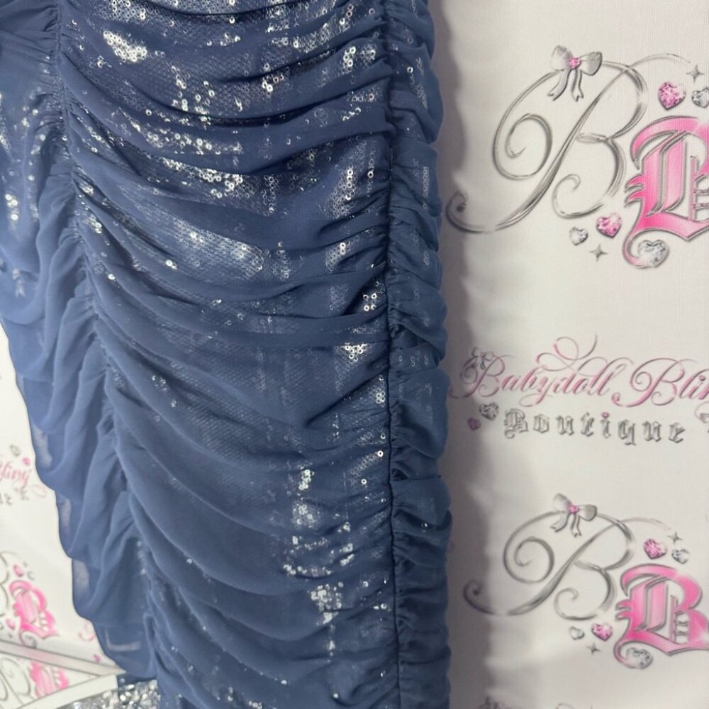 Tadashi shoji dress silk tiered Elegant Blue Sequin Dress sparkly blue - Picture 14 of 15